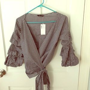 Navy blue gingham wrap shirt